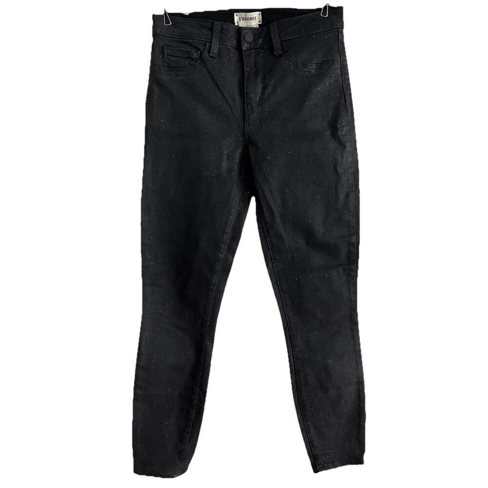 L'Agence Womens Size 25 Marguerite Skinny Coated Glitter Jean High Rise Black